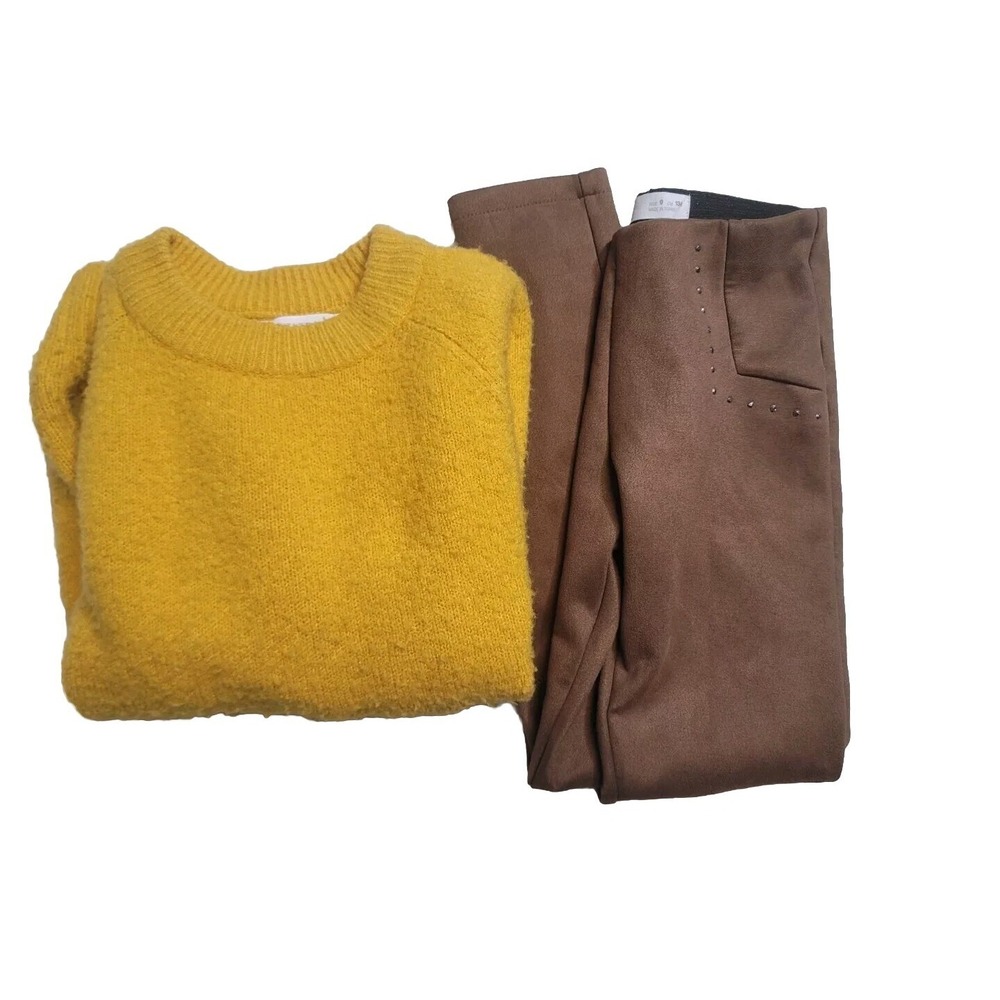 Zara Girl's Brown Leggings 9 Suede Yellow Sweater 2. Pieces Lot